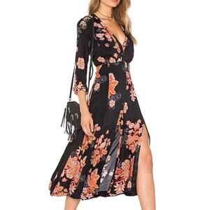 FREE PEOPLE Black Red Maxi Dress Floral Miranda Tassel V-Neck Front Button Sz 4